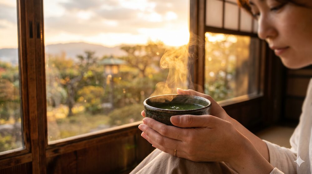 夕暮れの窓辺で温かいお茶を持つ手