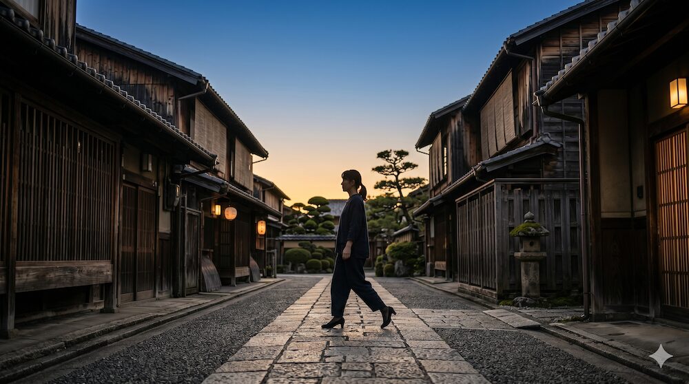 急なお通夜の知らせを受け、夕暮れの道を急ぎ足で向かう女性の後ろ姿。