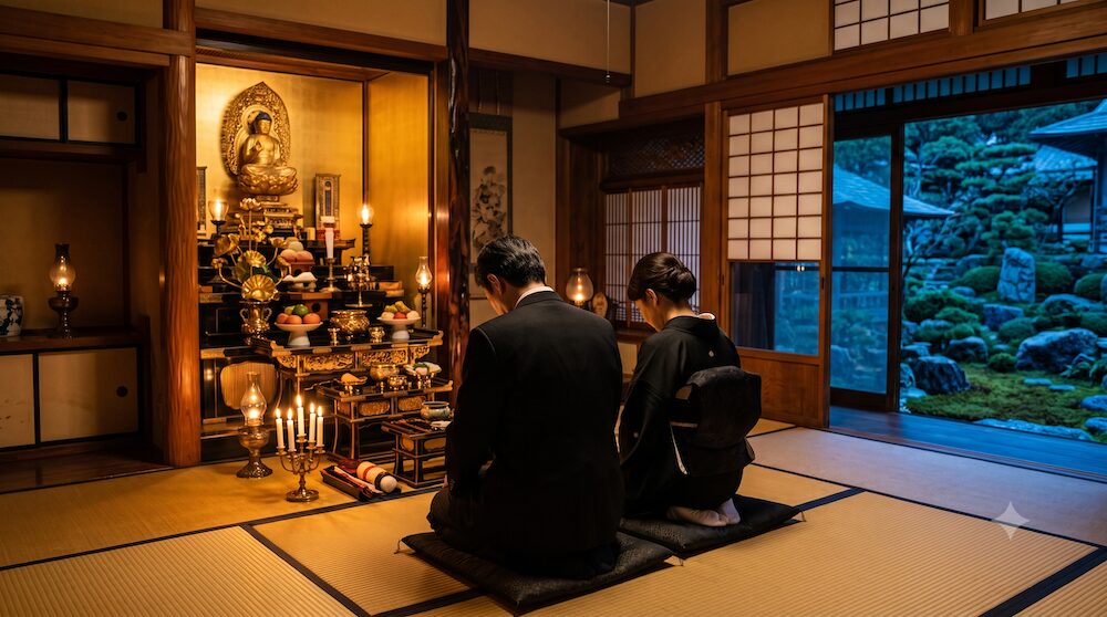 夫婦で香典を一つにまとめ祈りを捧げる