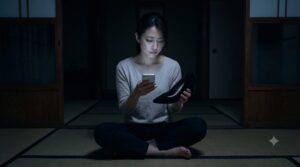夜の和室で黒い靴を持ちスマホを見る女性