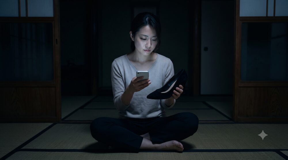 夜の和室で黒い靴を持ちスマホを見る女性