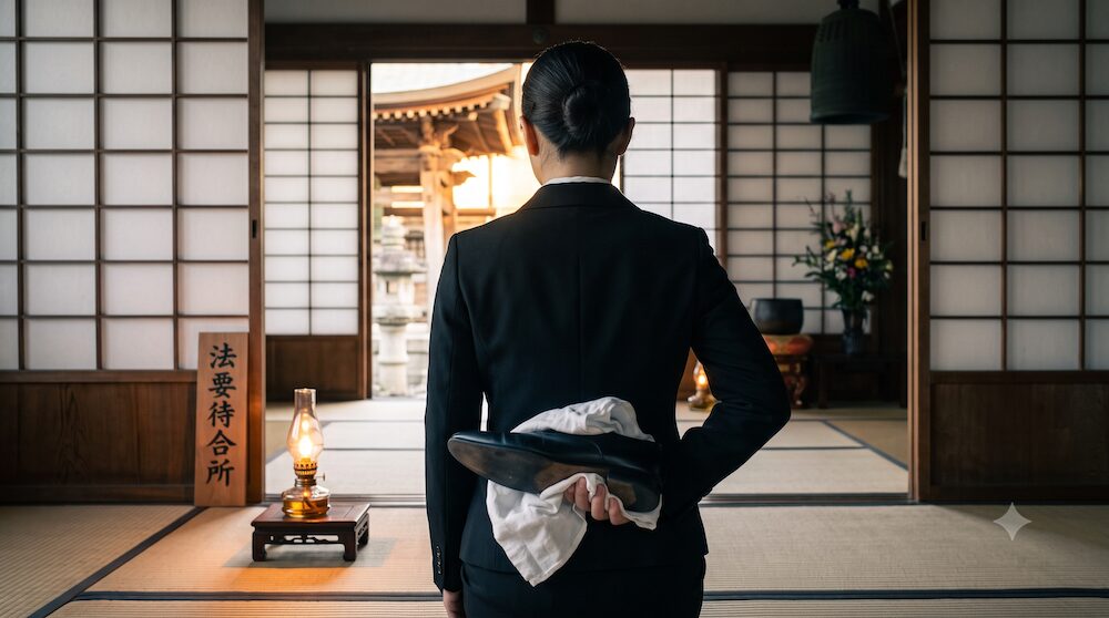 畳の上で黒い靴を丁寧に布で拭く姿