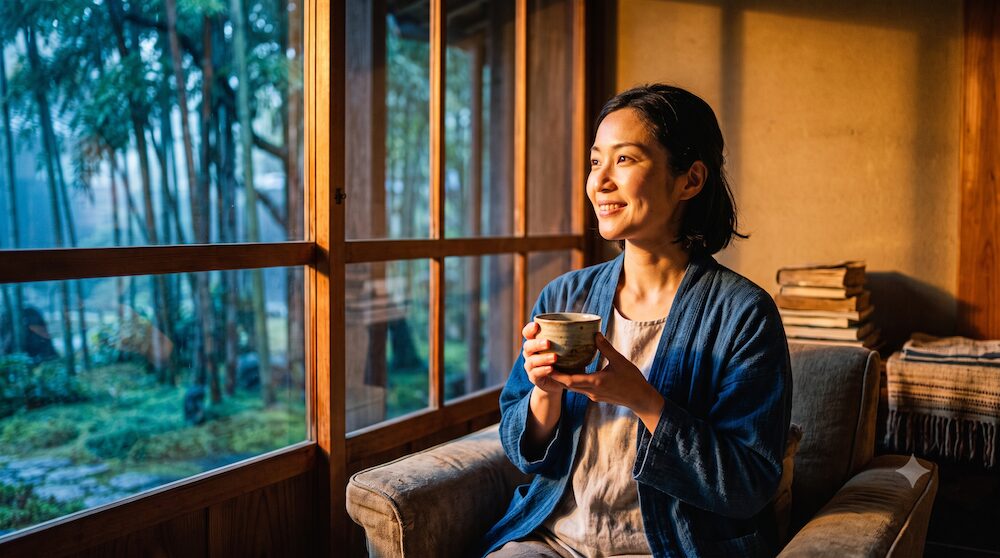窓辺で茶を手に深く安らぐ遺族の女性