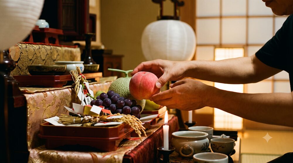 初盆の盆棚を整える手元