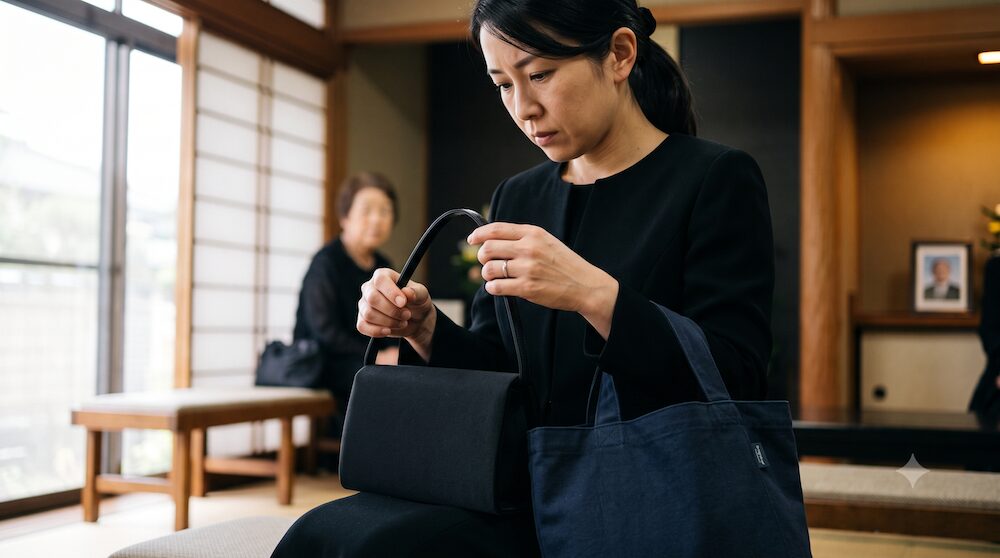 葬儀のサブバッグを持つ女性の手元
