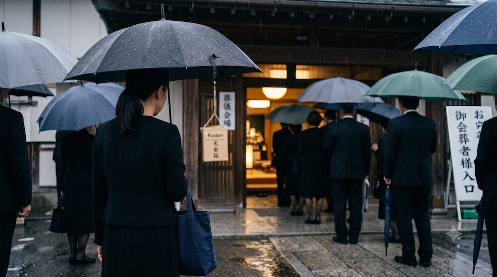 雨の葬儀会場で周囲を見渡す女性