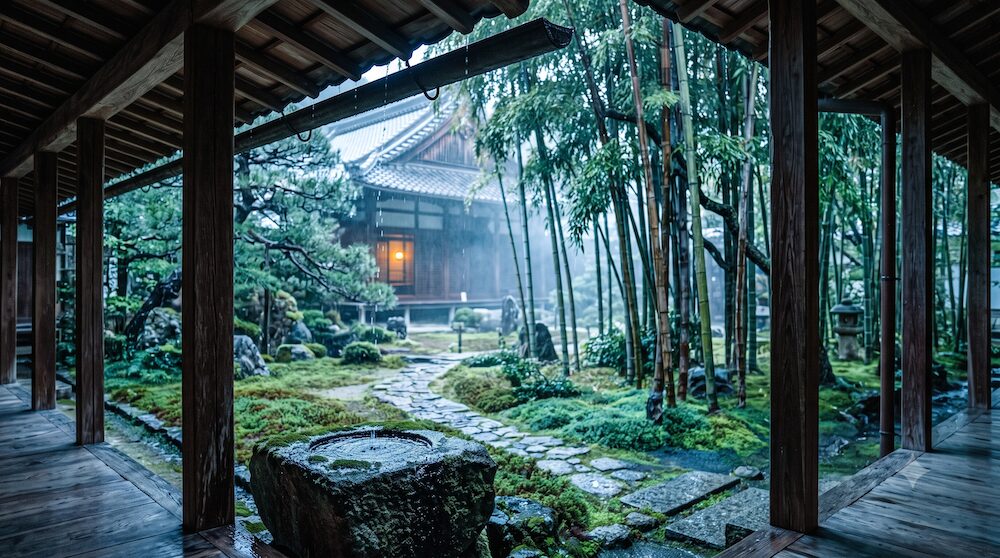 静かな雨が降る伝統的な寺院の庭園景観