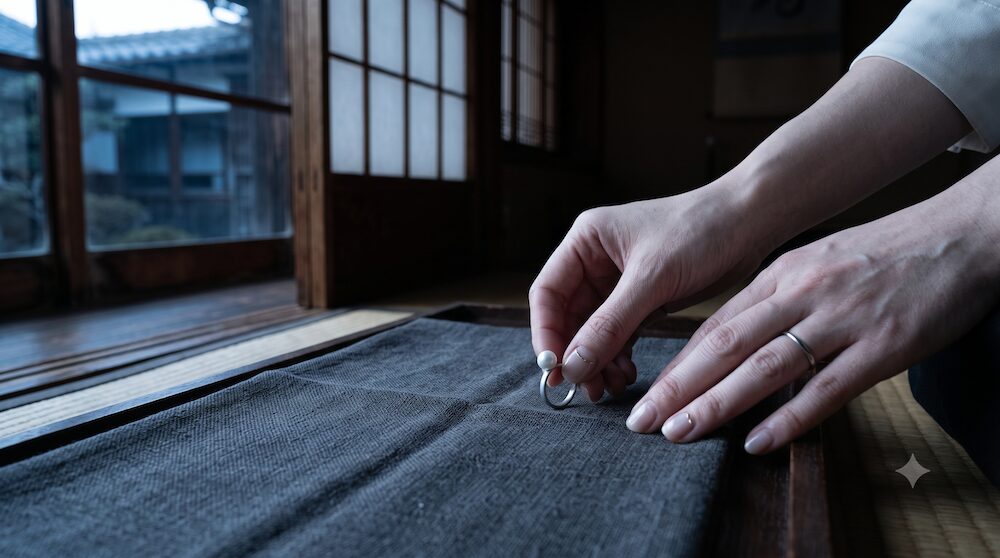 家族葬の略喪服に合わせ真珠を外す手元