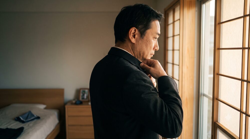 黒い礼服の襟元を整える参列者