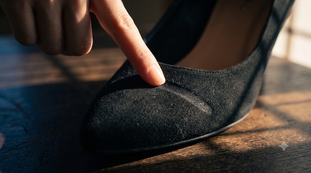 黒いスエード靴の表面にそっと触れる指先