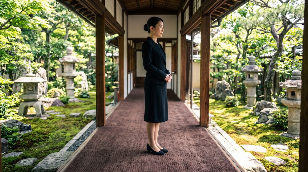 日本庭園を背に黒のパンプスで立つ参列者