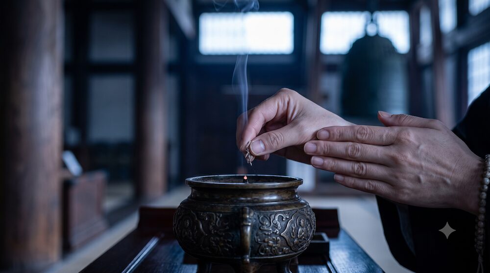 葬儀で静かに焼香をする喪主の妻の手