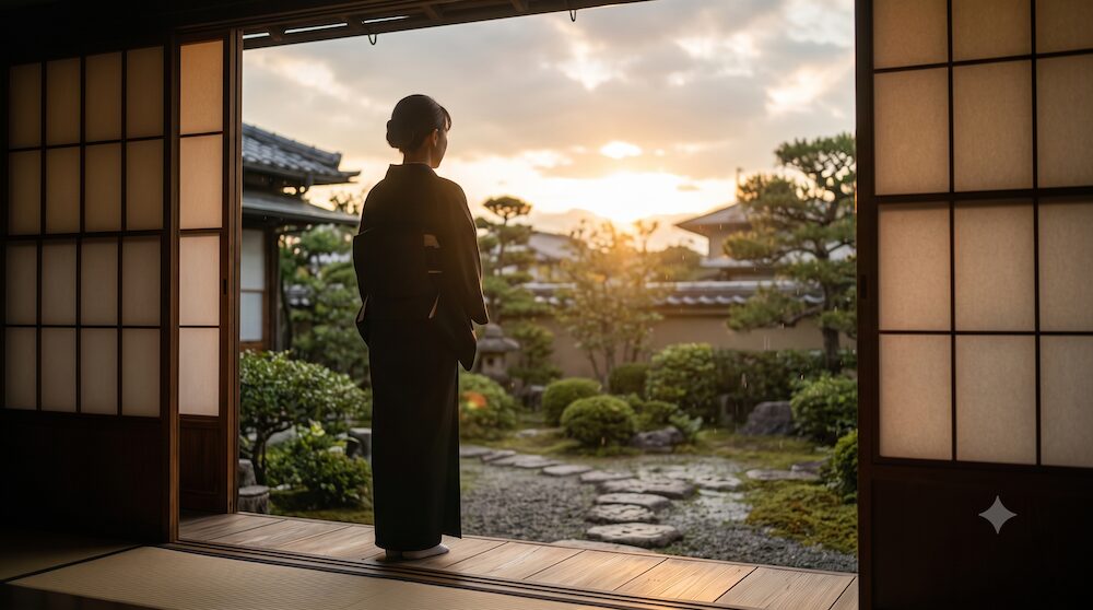 雨上がりの縁側に立つ喪主の妻の後ろ姿