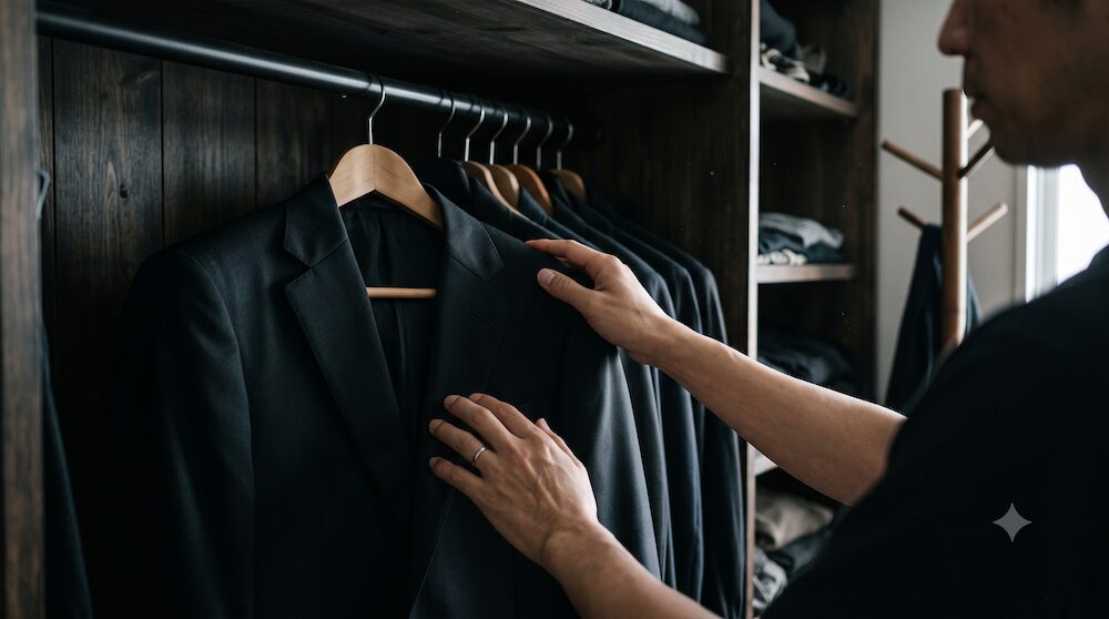 家族葬の平服に悩む人が服を選ぶ手元