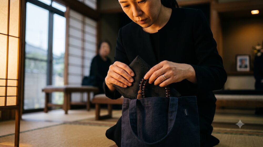 和室で数珠をサブバッグに移す女性