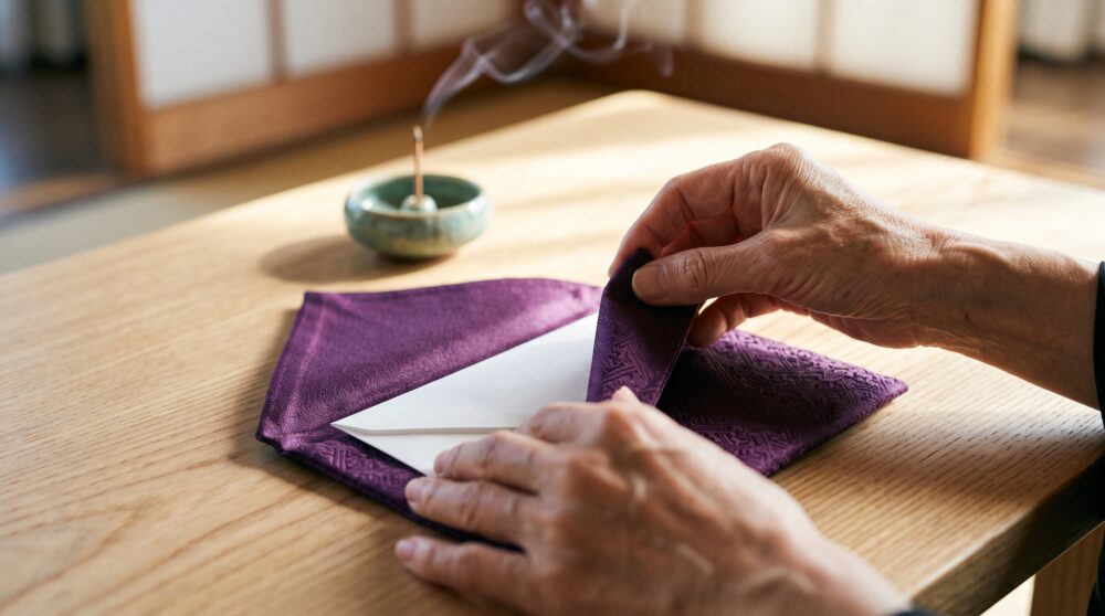 法要のお布施を袱紗で包む手元