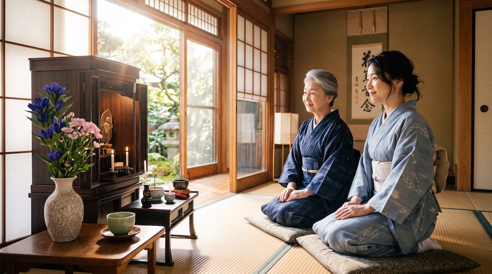 月命日に手を合わせる同居家族