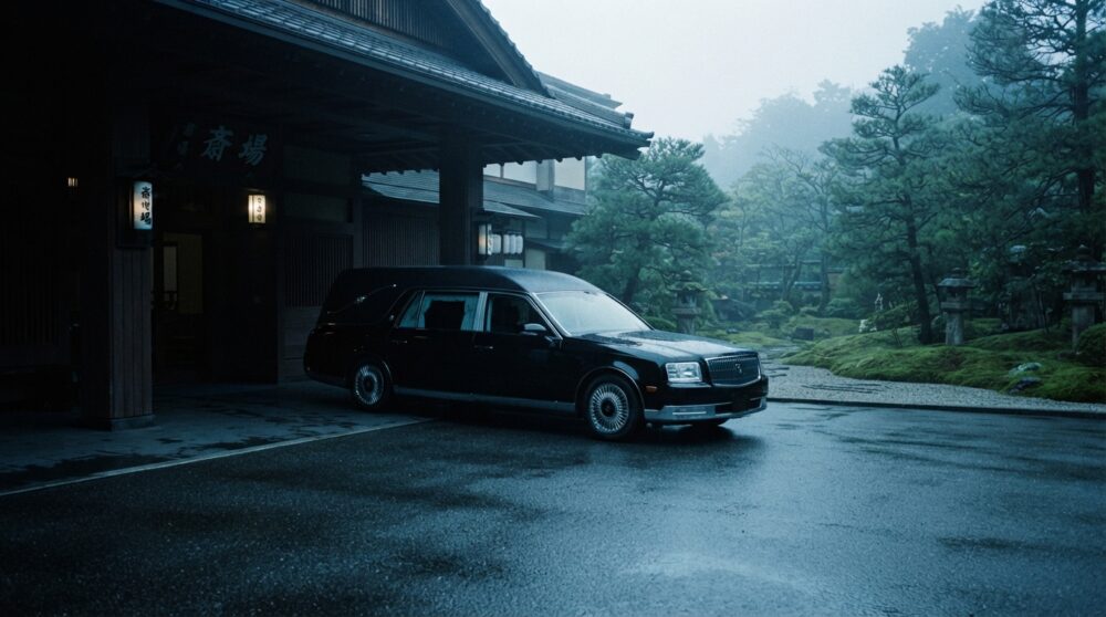 式場前に静かに停まる黒い霊柩車