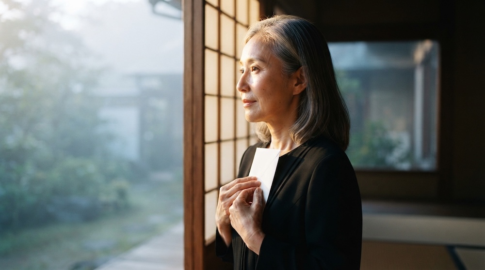 早朝の光の中で心付けを抱える喪服の女性