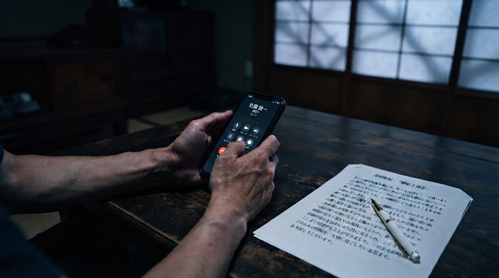 欠席の電話を終えたスマホとスピーチ原稿