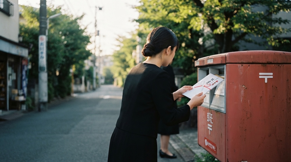 現金書留の封筒をポストへ投函する様子