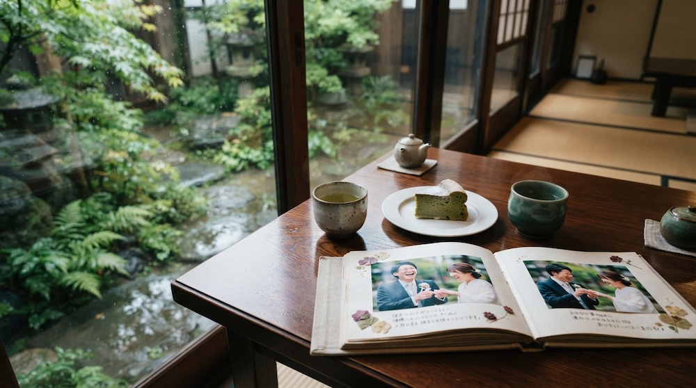 カフェの机に並ぶ結婚式アルバムとお茶