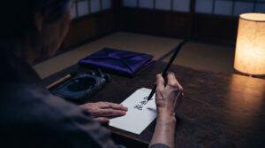 お布施袋に濃い墨で文字を書く手元