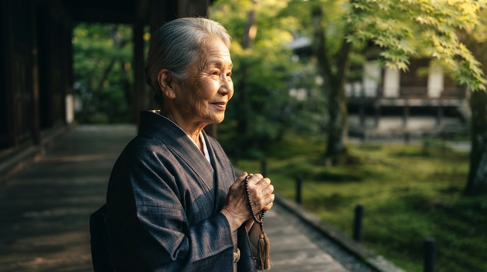 数珠を持ち寺院の縁側で微笑む女性