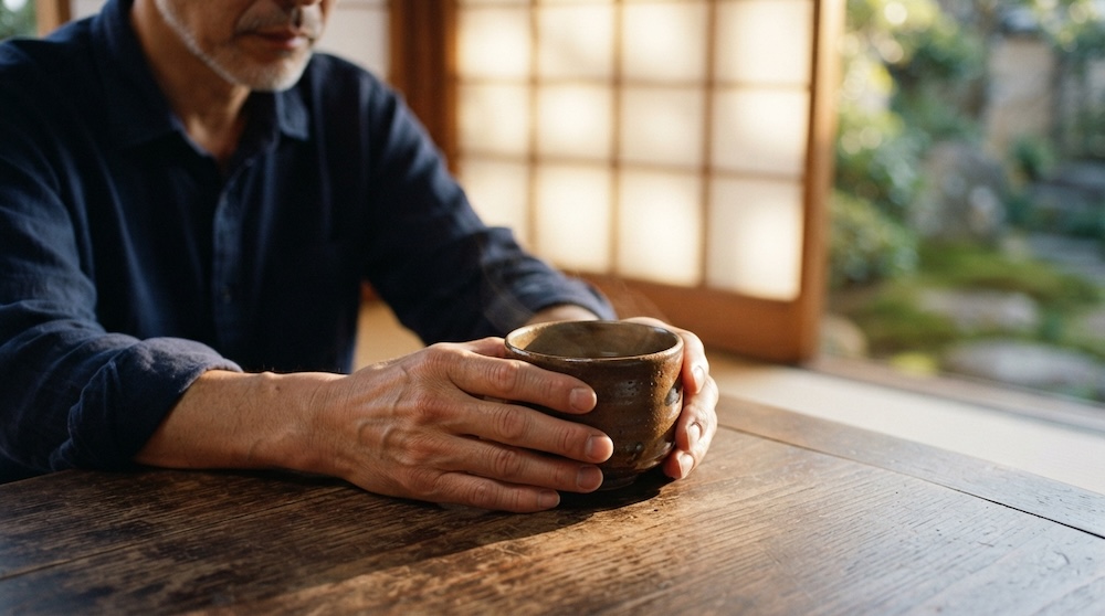 温かい湯呑みを両手で抱える男の手元