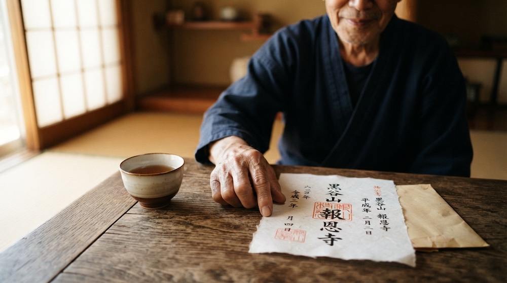 寺からの寄付案内状と木目机に置かれた手