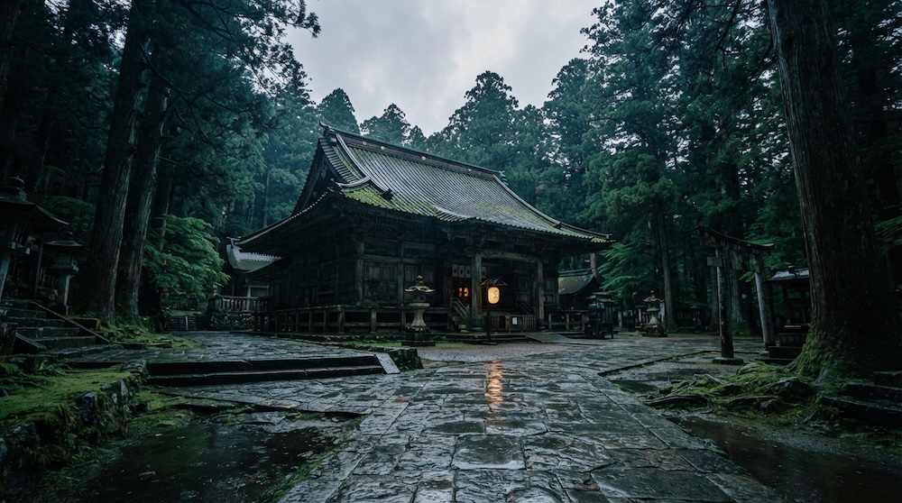 雨に濡れた古い寺院本堂と杉林の情景