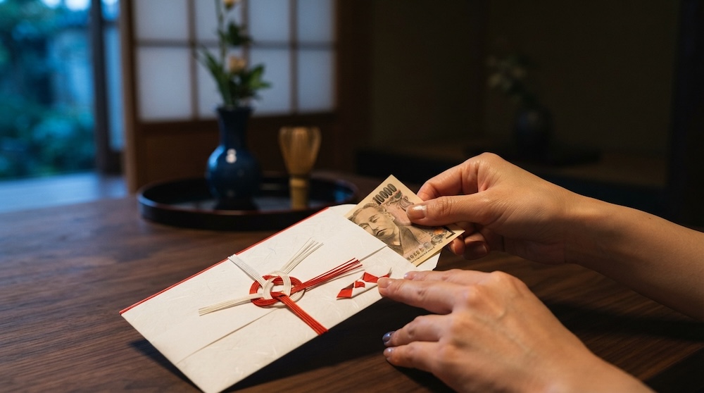 慶事用の祝儀袋へお布施を納める手元