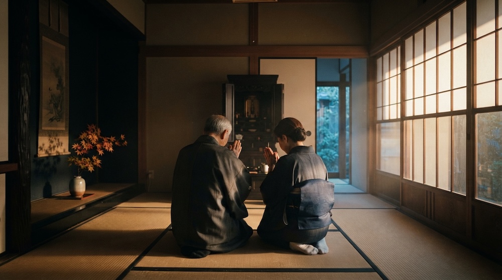 畳の上で並んで静かに合掌する夫婦