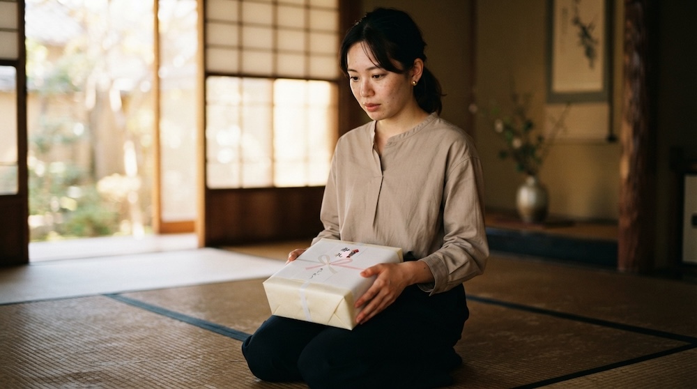 正座してお供え物を持つ女性の姿