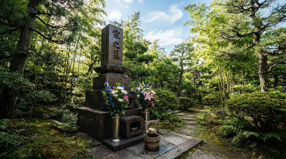 清々しい夏の光に包まれたお墓と墓花
