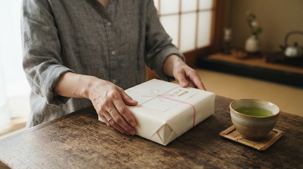 お供え物の菓子折りを丁寧に扱う手元