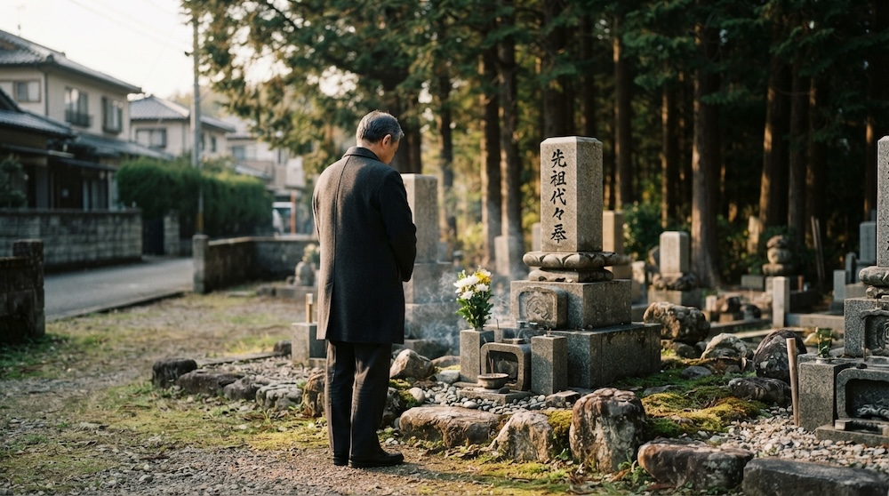 墓前で静かに手を合わせる友人のお参り風景