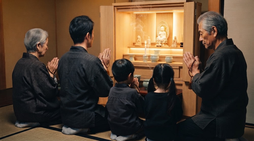 入仏法要で家族揃って合掌する後ろ姿