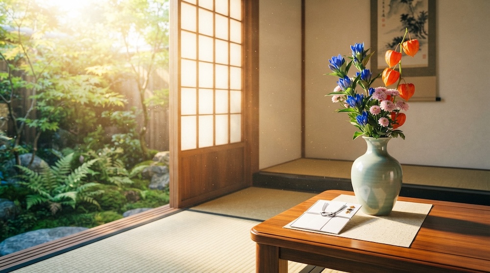 家のお盆に供える御仏前の包みと鮮やかな生花