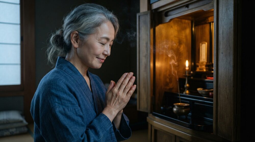 お盆の実家の仏前で静かに手を合わせ祈る姿