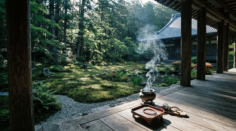 初盆の祈りを包む寺院の静かな苔庭