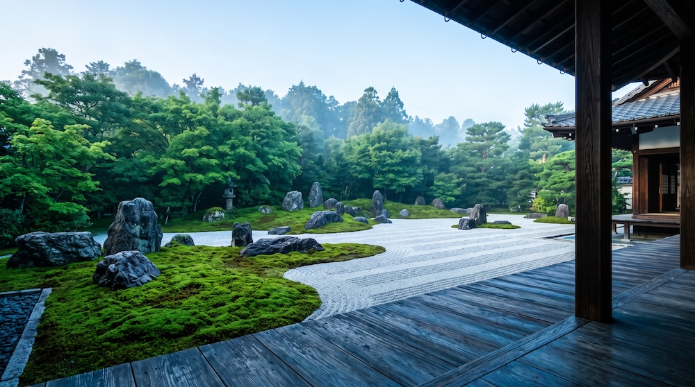 静けさに包まれた寺院の苔庭と縁側