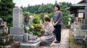 お墓参りの数珠に悩む家族の笑顔