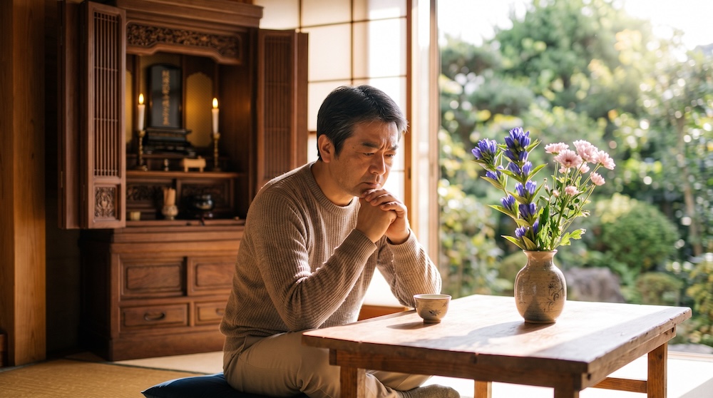 一周忌の悩みについて家族で話し合う和室