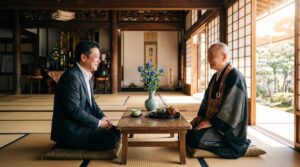 お寺でお布施の相談をする喪主と住職