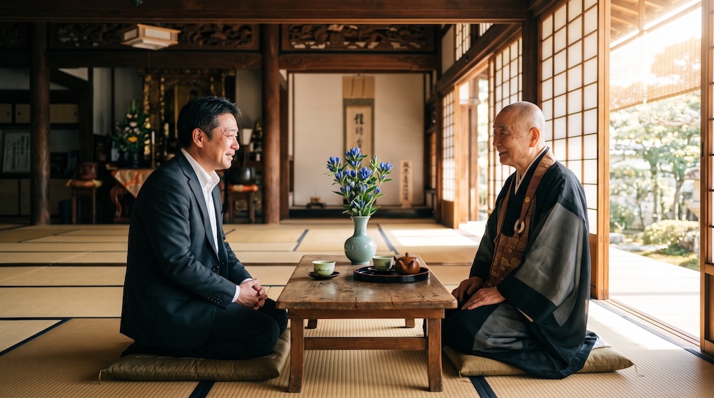 お寺でお布施の相談をする喪主と住職
