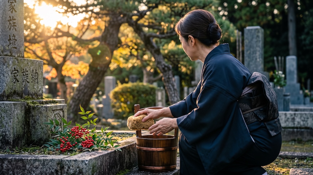 墓石の台座をスポンジで洗うお墓参り