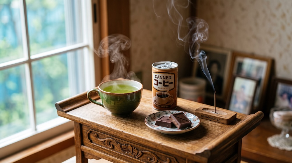 一周忌に父の好物の缶コーヒーを供える仏壇
