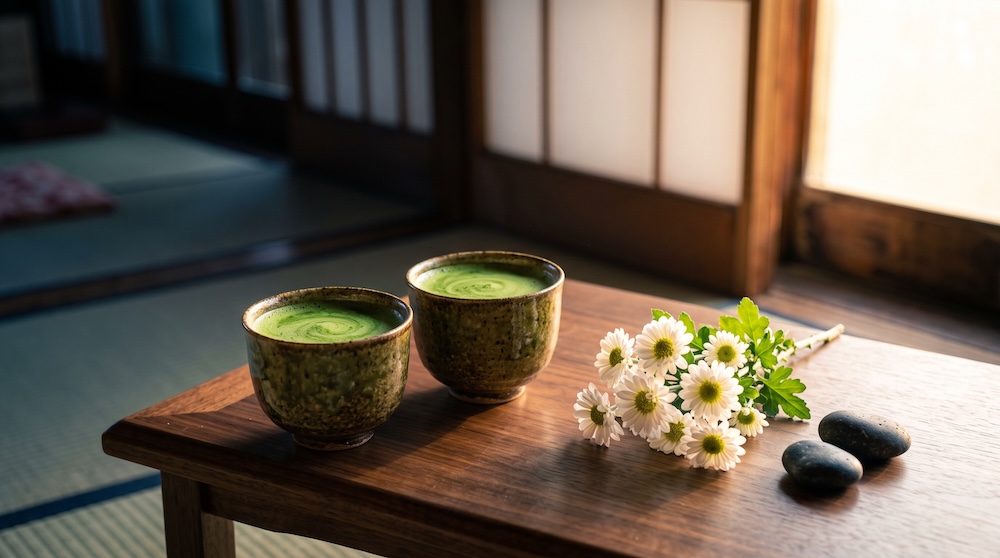 婦並んだ遺影に寄り添う温かなお茶