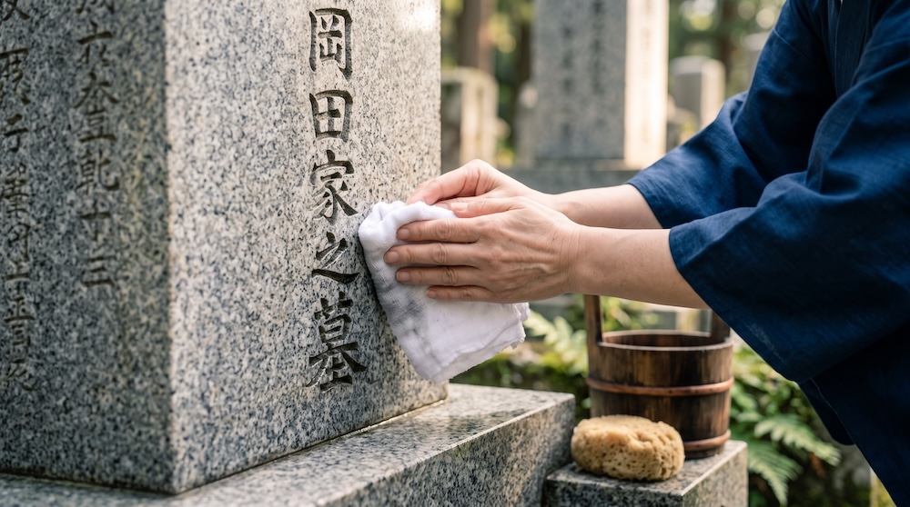 墓石をタオルで拭くお墓参り
